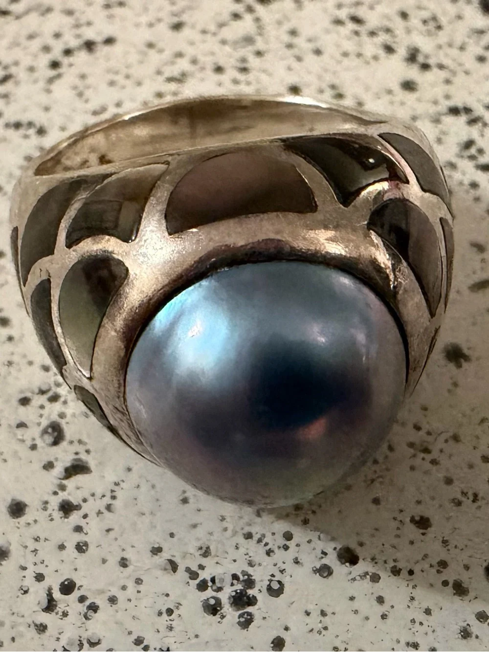 Vtg. Cultured Mabe Pearl Sterling Silver Ring, Size 11 Signed
